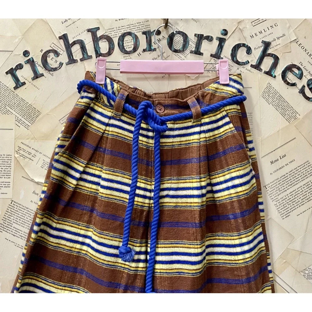 Free People Preppy Plaid Pull On Trousers Pants Flannel Tie Brown Blue S NEW - Picture 7 of 8